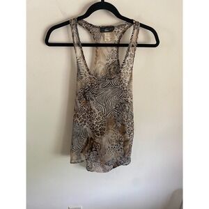 Tess Womens Animal Print Racerback Tank Top Sheer Leopard Zebra Brown XS
